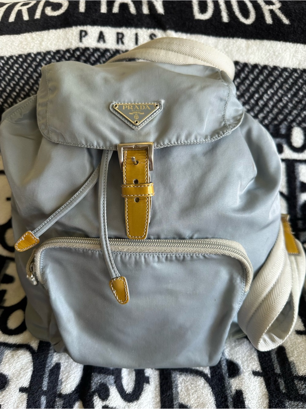 Prada Light Gray Nylon Backpack with Mustard Leather Trim